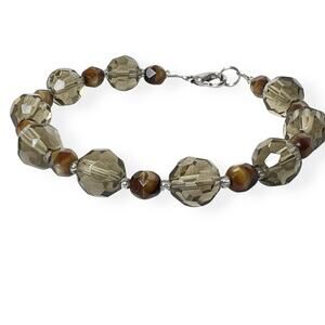 Beaded Bracelet Faceted Gray Brown Translucent Faux Gems Earthy Boho Stackable